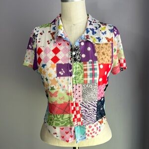 SHEIN colorful patchwork print button front mesh crop top